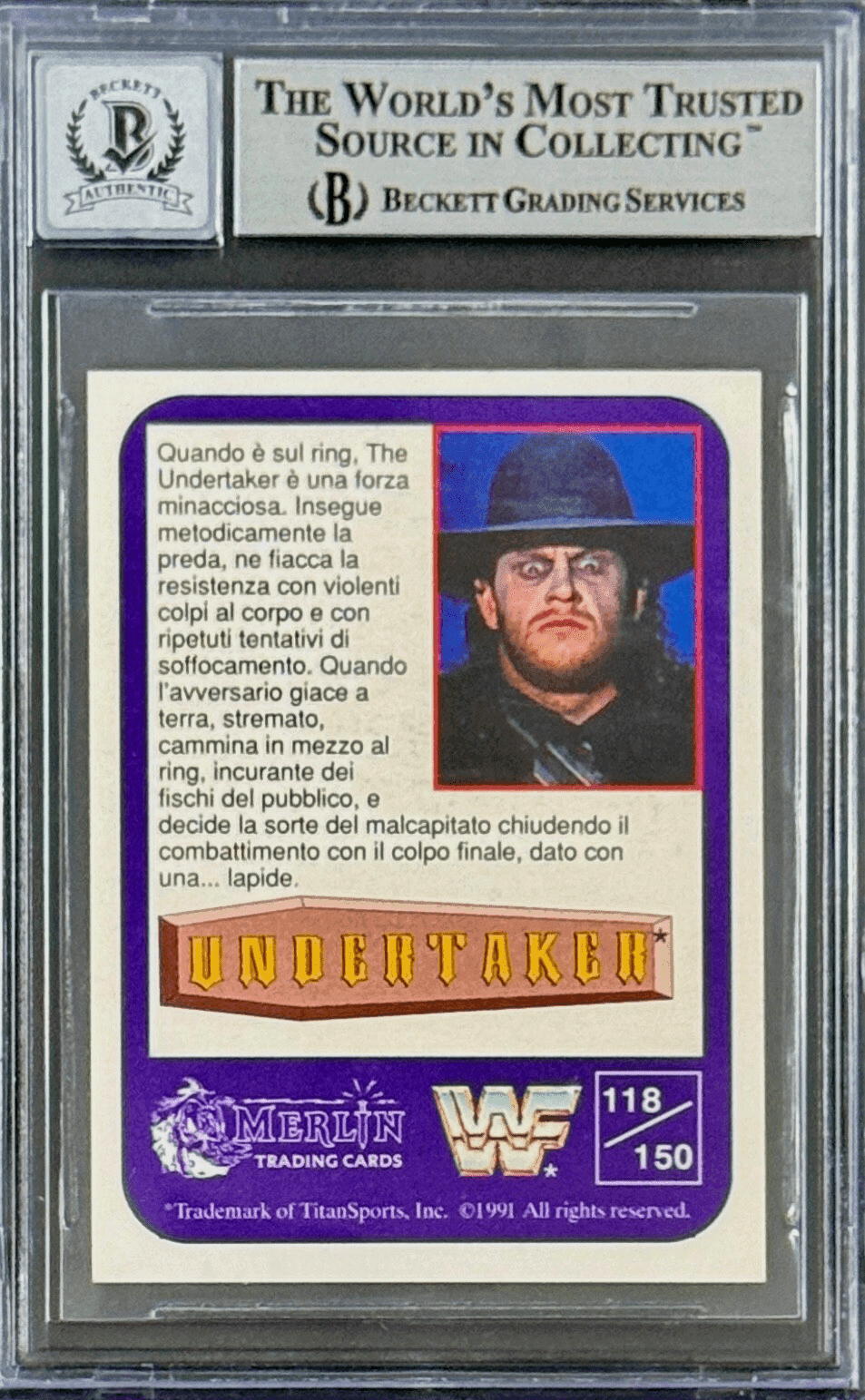Undertaker Signed 1991 Merlin WWF Italian Card #118 Beckett 14058098 Auto 10 B Undertaker Card 14058098, view 2, supplier stock photo