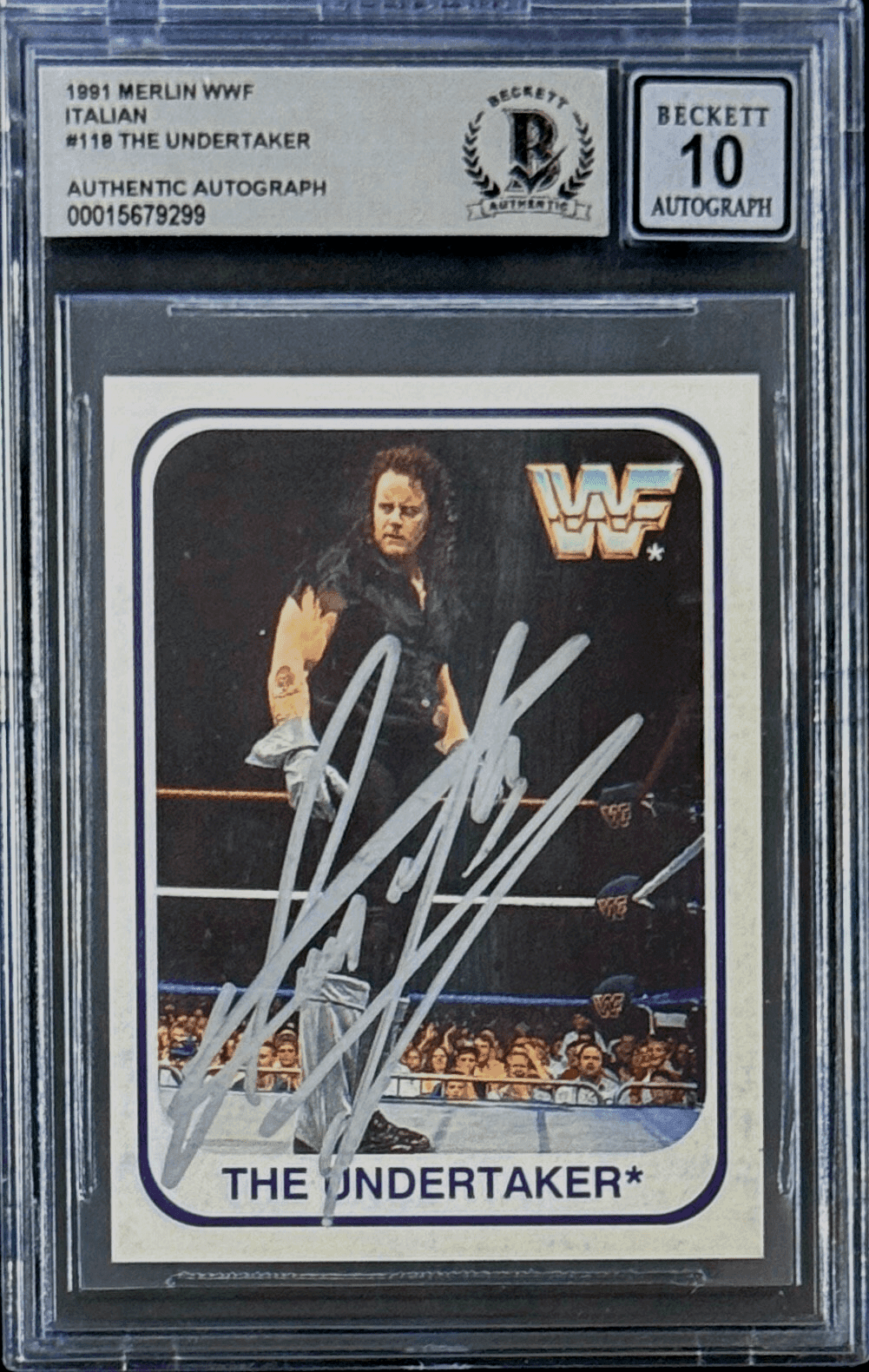 Undertaker Signed 1991 Merlin WWF Italian Card #118 Beckett 15679299 Auto 10 S Undertaker Card 15679299, supplier stock photo