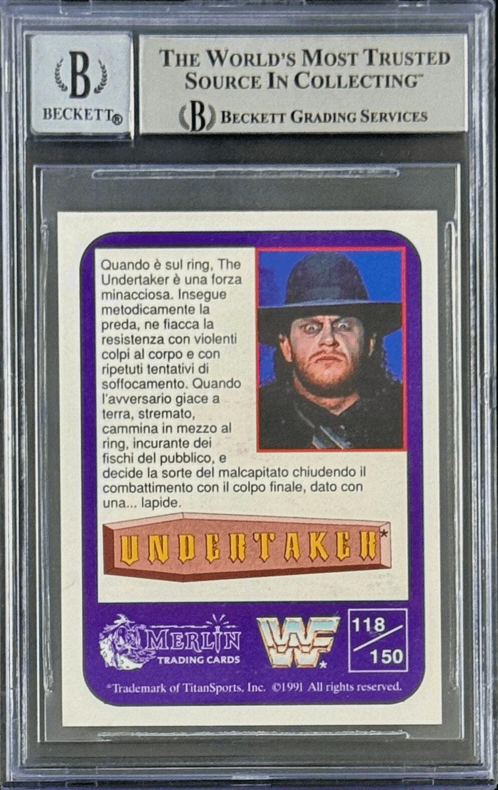 Undertaker Signed 1991 Merlin WWF Italian Card #118 Beckett 15679299 Auto 10 S Undertaker Card 15679299, view 2, supplier stock photo
