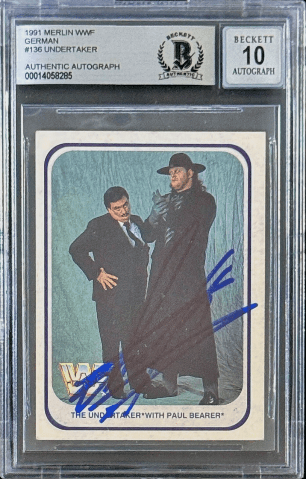 Undertaker Signed 1991 Merlin WWF German Card #136 Beckett 14058285 Auto 10 B Undertaker Card 14058285, supplier stock photo