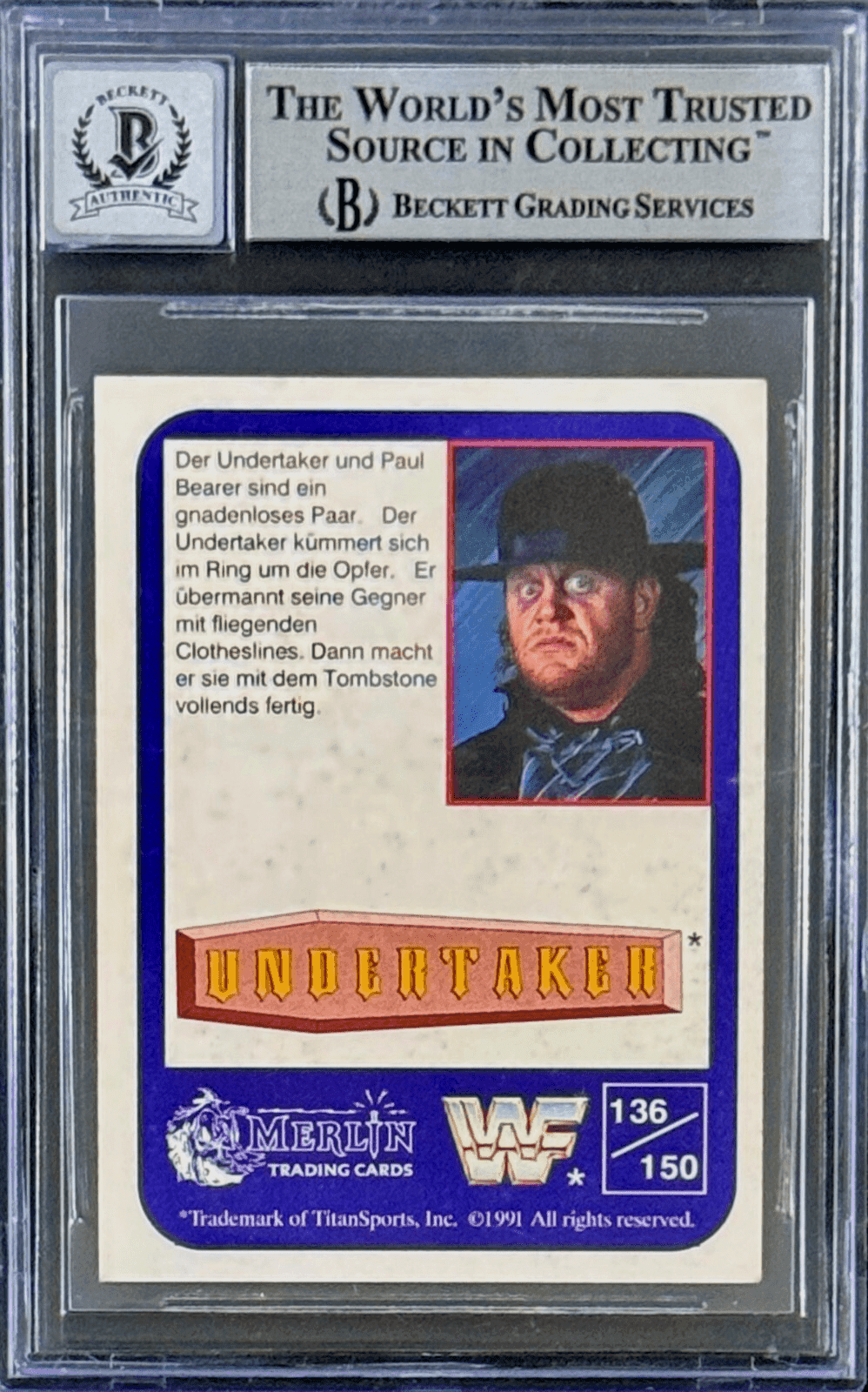 Undertaker Signed 1991 Merlin WWF German Card #136 Beckett 14058285 Auto 10 B Undertaker Card 14058285, view 2, supplier stock photo