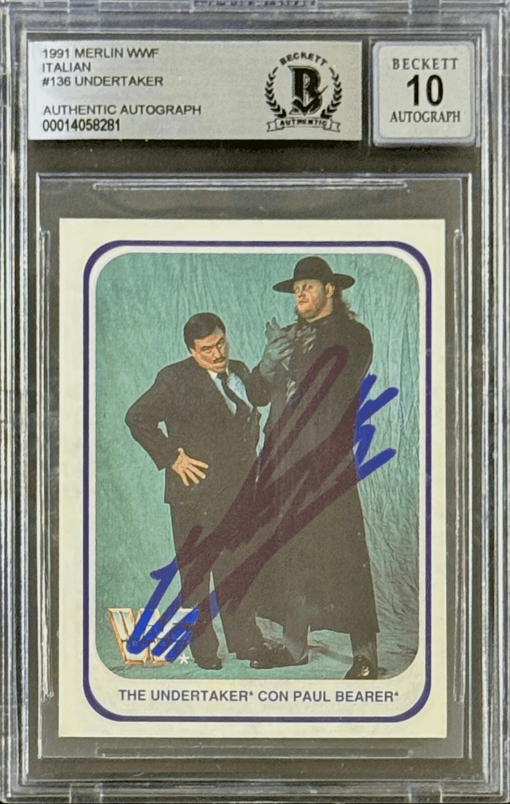 Undertaker Signed 1991 Merlin WWF Italian Card #136 Beckett 14058281 Auto 10 B Undertaker Card 14058281, supplier stock photo