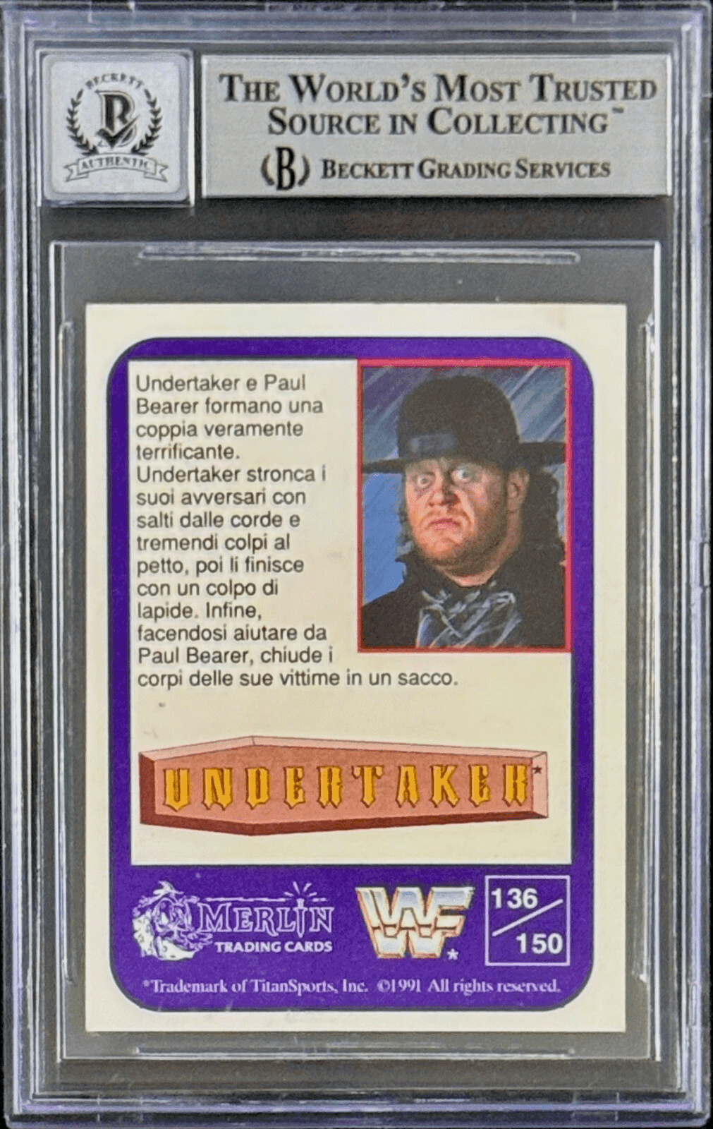 Undertaker Signed 1991 Merlin WWF Italian Card #136 Beckett 14058281 Auto 10 B Undertaker Card 14058281, view 2, supplier stock photo