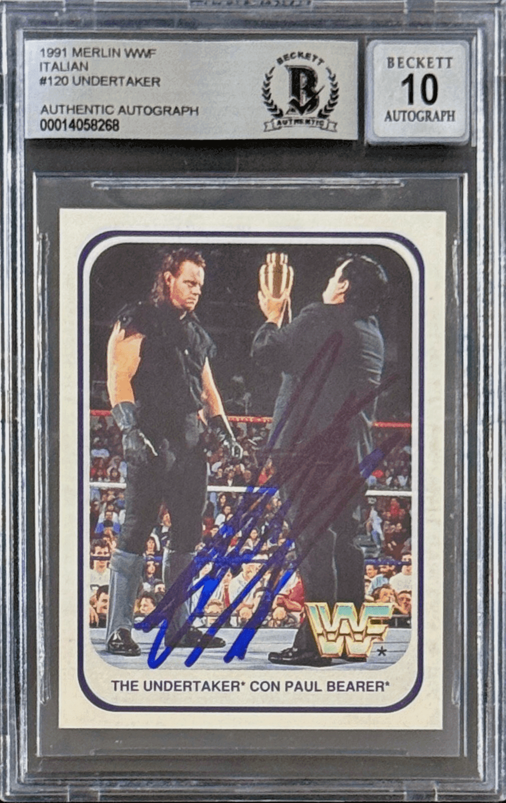 Undertaker Signed 1991 Merlin WWF Italian Card #120 Beckett 14058268 Auto 10 B Undertaker Card 14058268, supplier stock photo