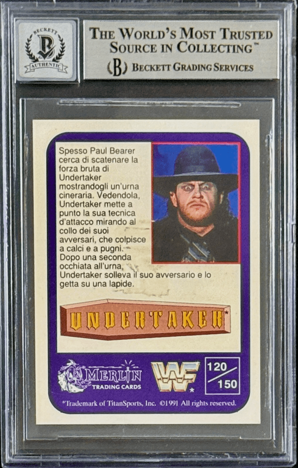 Undertaker Signed 1991 Merlin WWF Italian Card #120 Beckett 14058268 Auto 10 B Undertaker Card 14058268, view 2, supplier stock photo