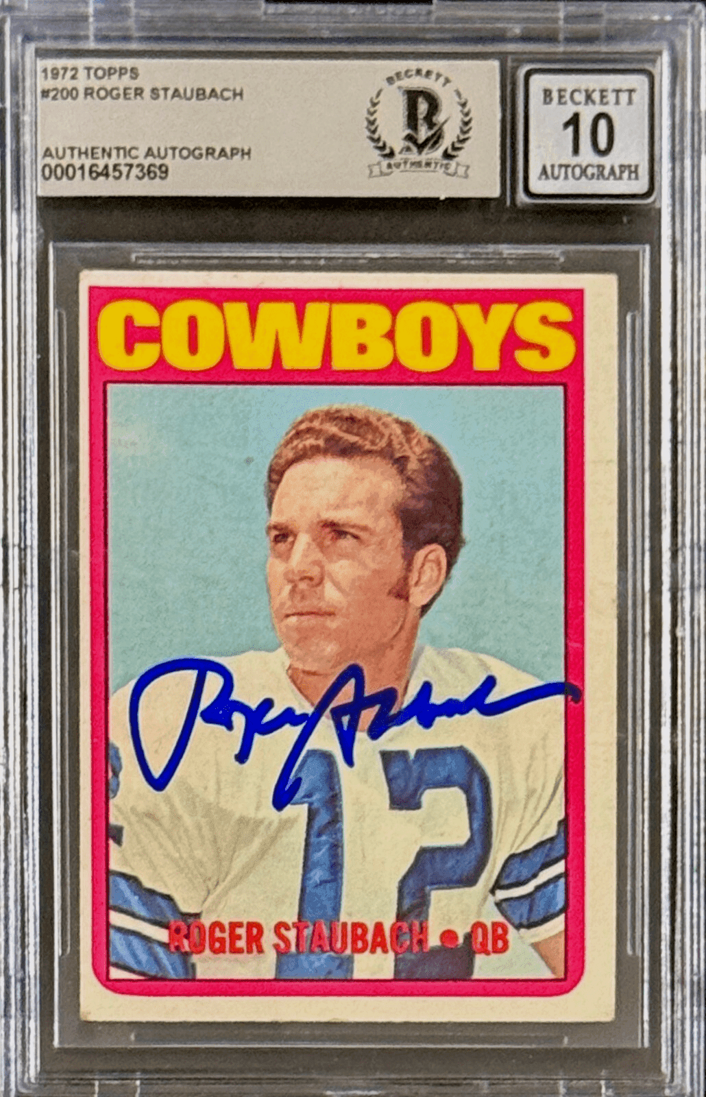 Roger Staubach Signed 1972 Topps RC Card #200 Beckett 16457369 Auto 10 Roger Staubach Card 16457369, Dallas Cowboys, supplier stock photo
