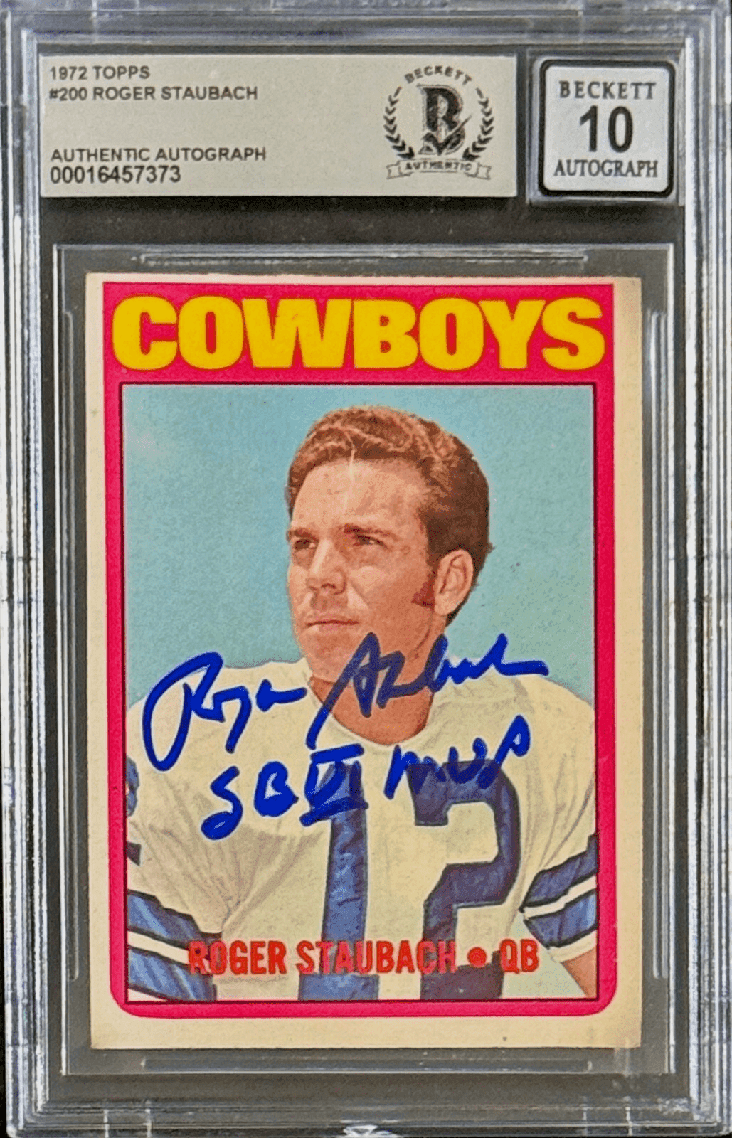 Roger Staubach Signed 1972 Topps RC Card #200 Beckett 16457373 Auto 10 SBVI MVP Roger Staubach Card 16457373, Dallas Cowboys, supplier stock photo