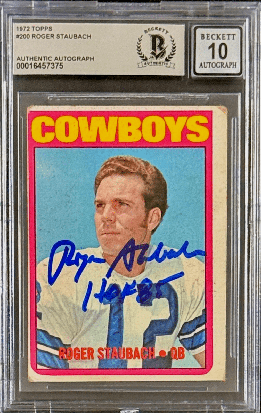 Roger Staubach Signed 1972 Topps RC Card #200 Beckett 16457375 Auto 10 HOF 85 Roger Staubach Card 16457375, Dallas Cowboys, supplier stock photo