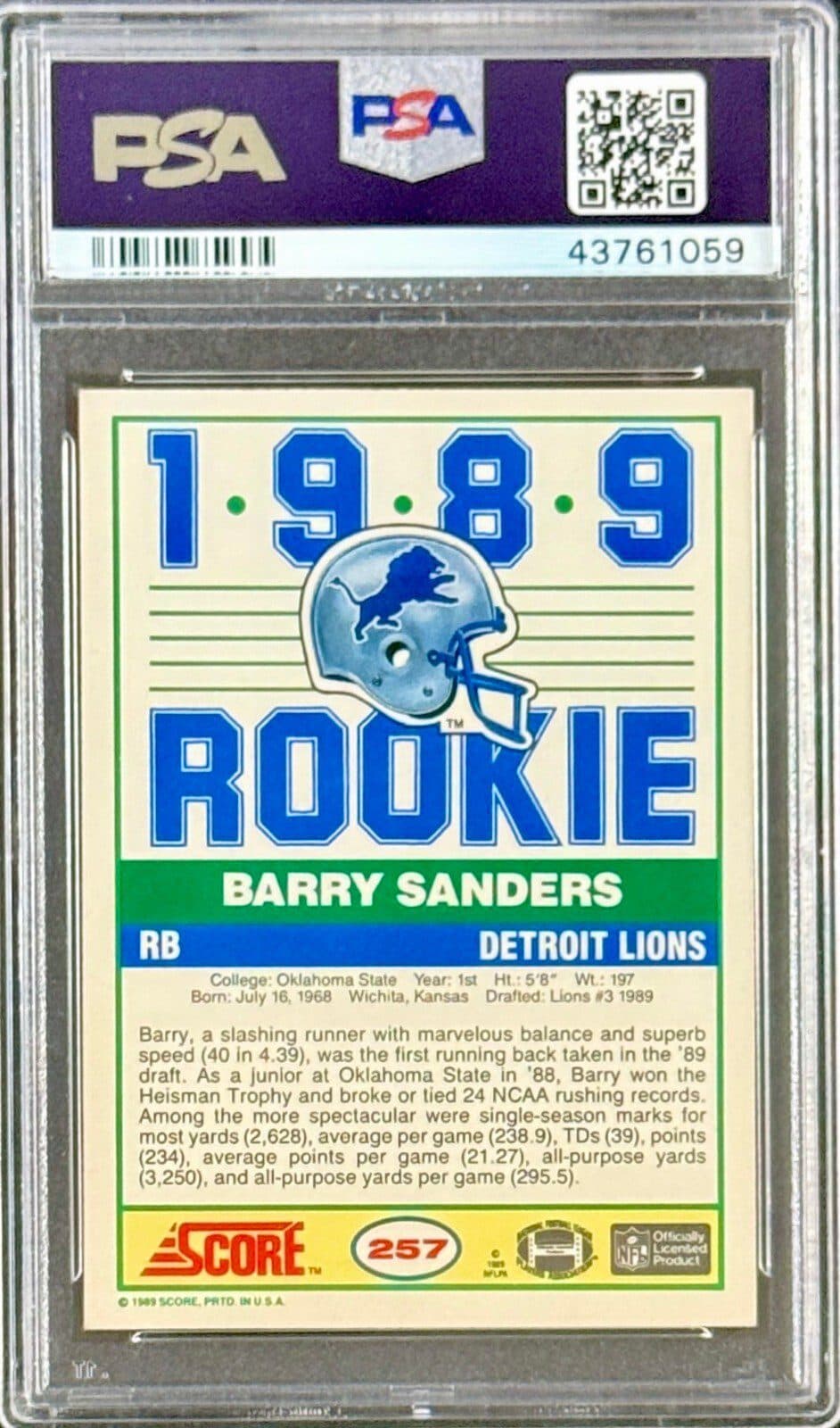 Barry Sanders Signed Autographed 1989 Score Rookie Card #257 PSA 43761059 ROY 89 Barry Sanders Card 43761059, view 2, supplier stock photo