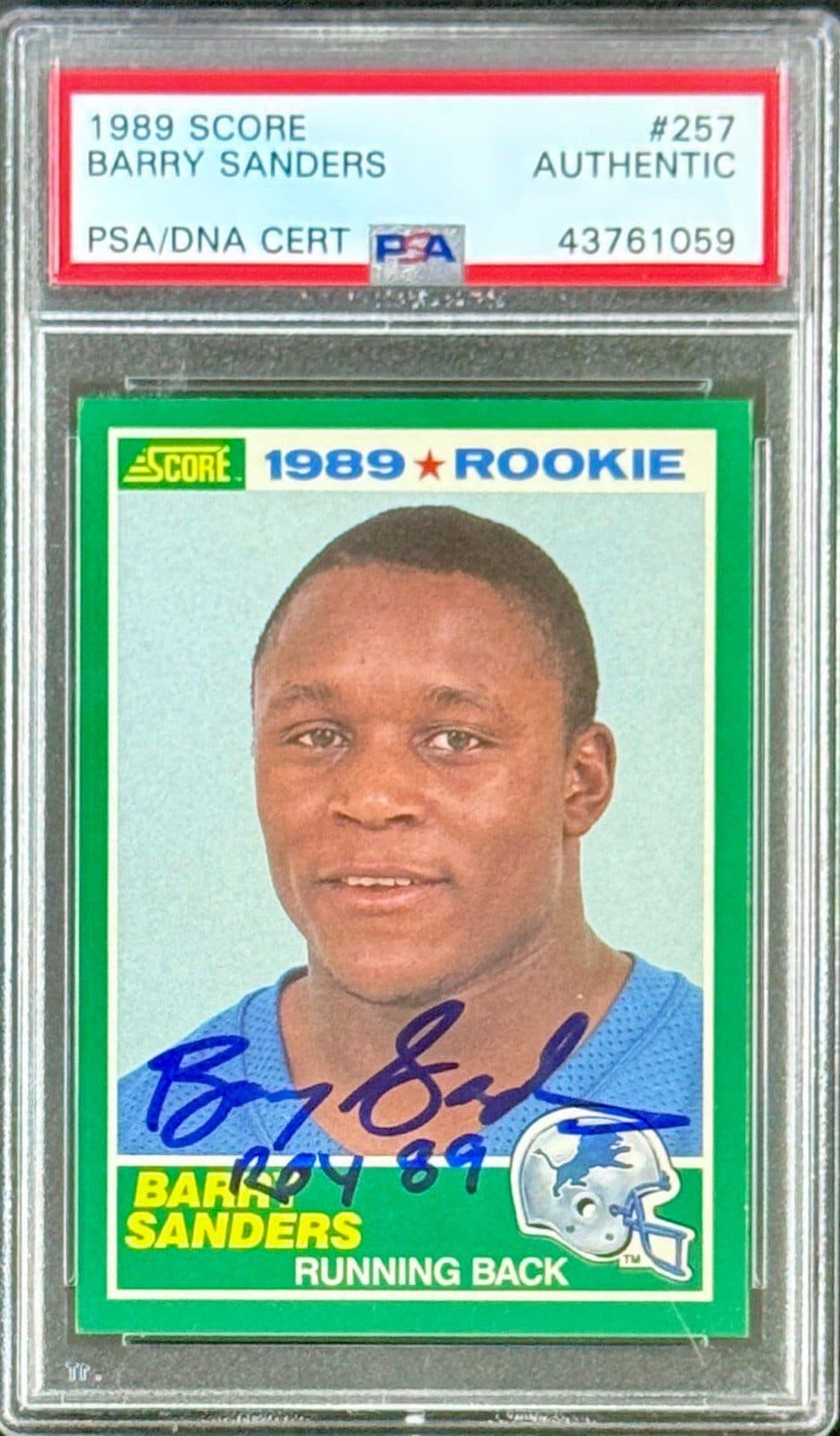 Barry Sanders Signed Autographed 1989 Score Rookie Card #257 PSA 43761059 ROY 89 Barry Sanders Card 43761059, supplier stock photo