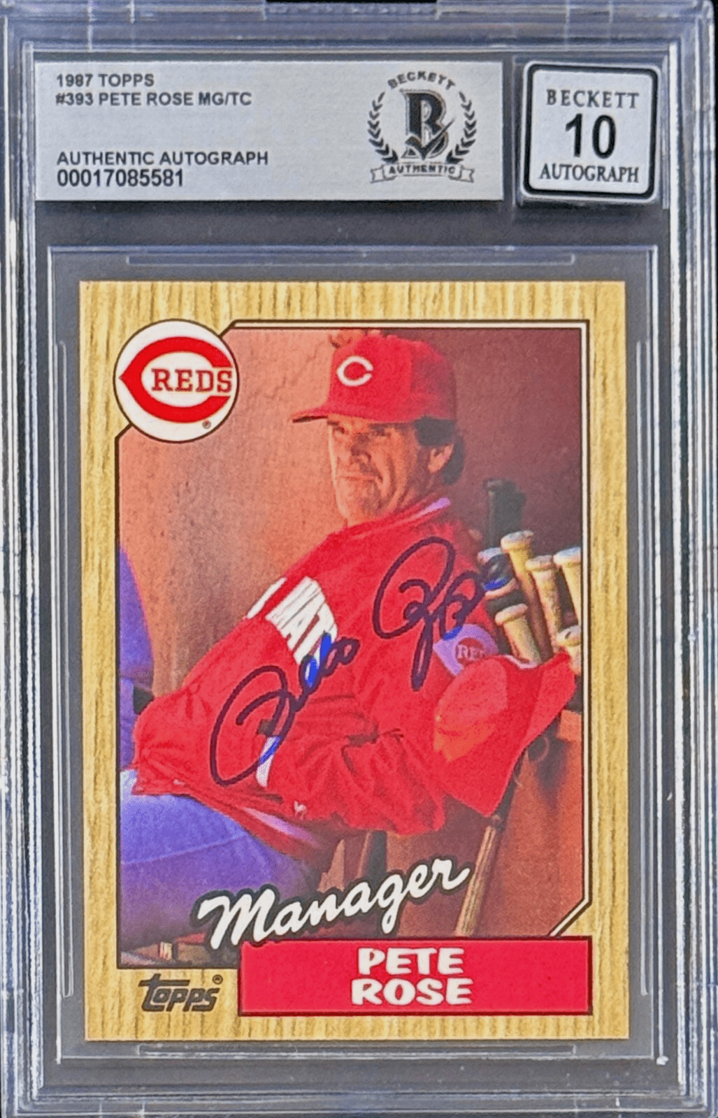 Pete Rose Signed 1987 Topps Card #393 Beckett Auto 10 17085581 Cincinnati Reds Pete Rose Card 17085581, Cincinnati Reds, supplier stock photo