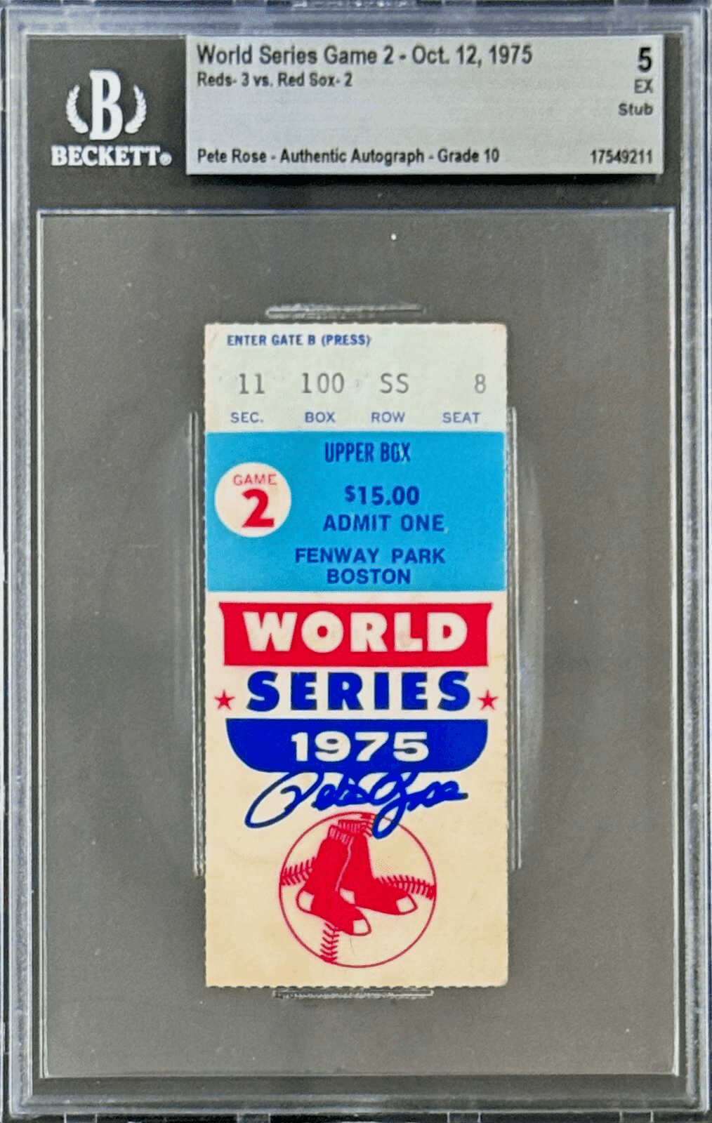 Pete Rose Signed 1975 World Series Game 2 Ticket Stub Beckett 5 EX Auto 10 Pete Rose Ticket Stub pete-rose-1975-world-series-game, Cincinnati Reds, supplier stock photo