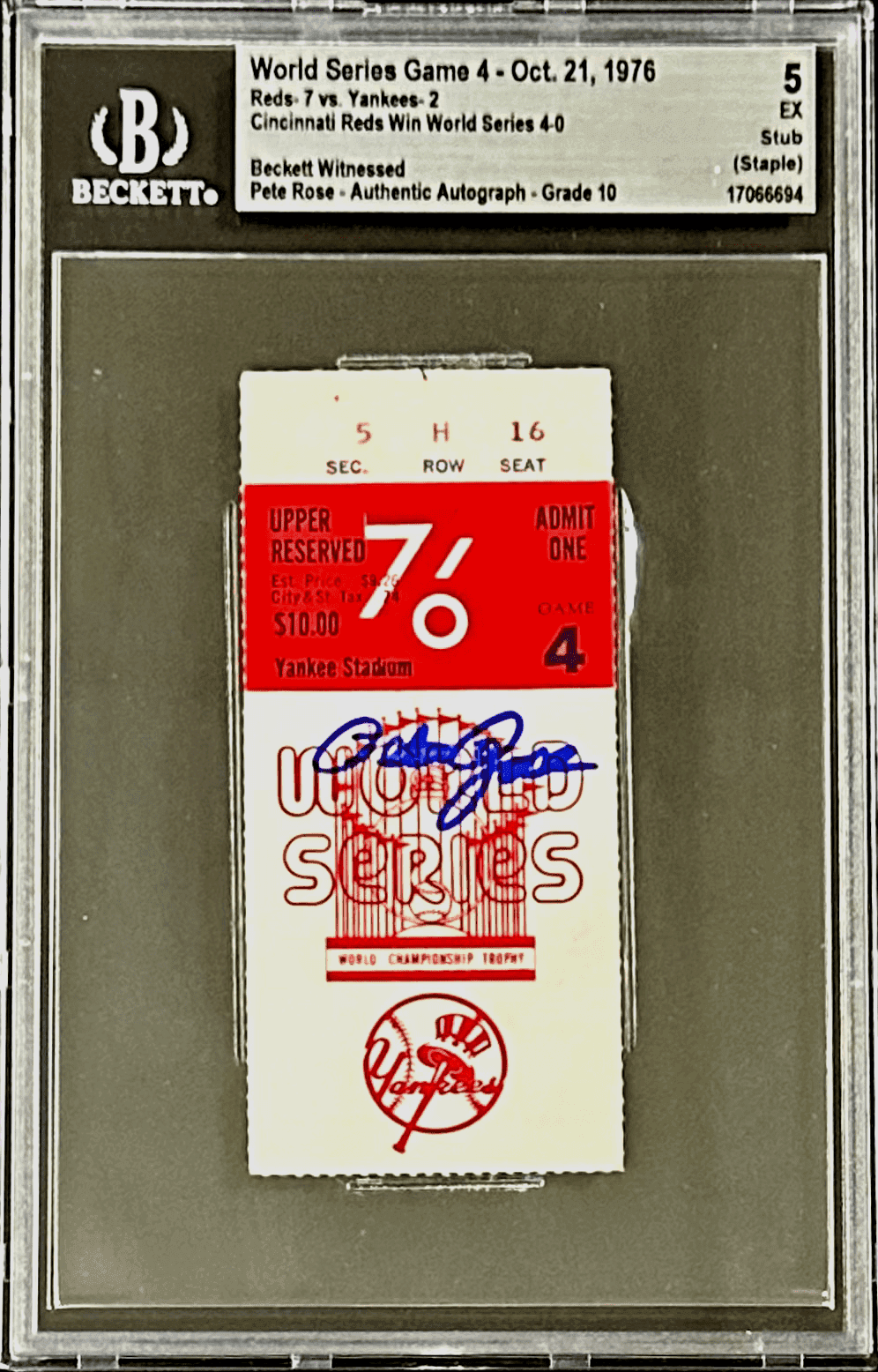 Pete Rose Signed 1976 World Series Game 4 Ticket Stub Beckett 5 Ex Reds WS Champ Pete Rose Ticket Stub pete-rose-1976-world-series-game, Cincinnati Reds, supplier stock photo