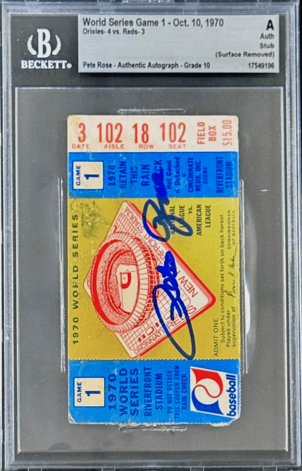 Pete Rose Signed 1970 World Series Game Ticket Stub Beckett A 17549196 Auto 10 Pete Rose Ticket Stub 17549196, Cincinnati Reds, view 2, supplier stock photo