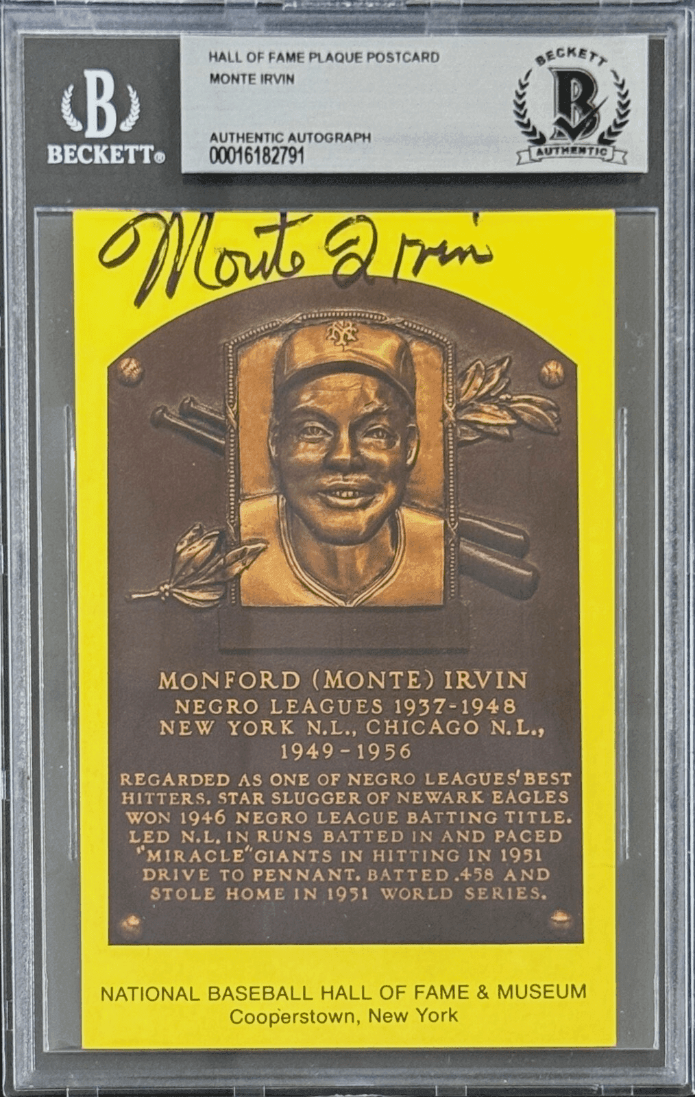 Monte Irvine Signed Autographed Hall of Fame Plaque Postcard Beckett 16182791 Monte Irvin Card 16182791, New York Giants, supplier stock photo