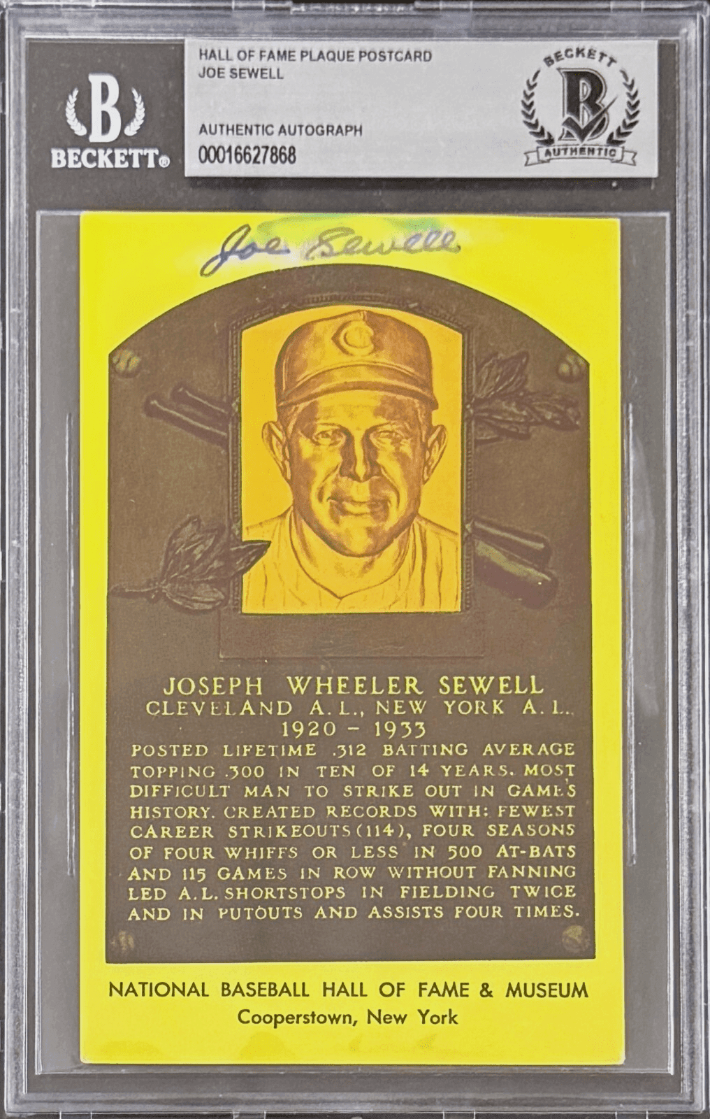 Joe Sewell Signed Autographed Hall of Fame Plaque Postcard Beckett 16627868 Joe Sewell Card 16627868, Cleveland Guardians, supplier stock photo