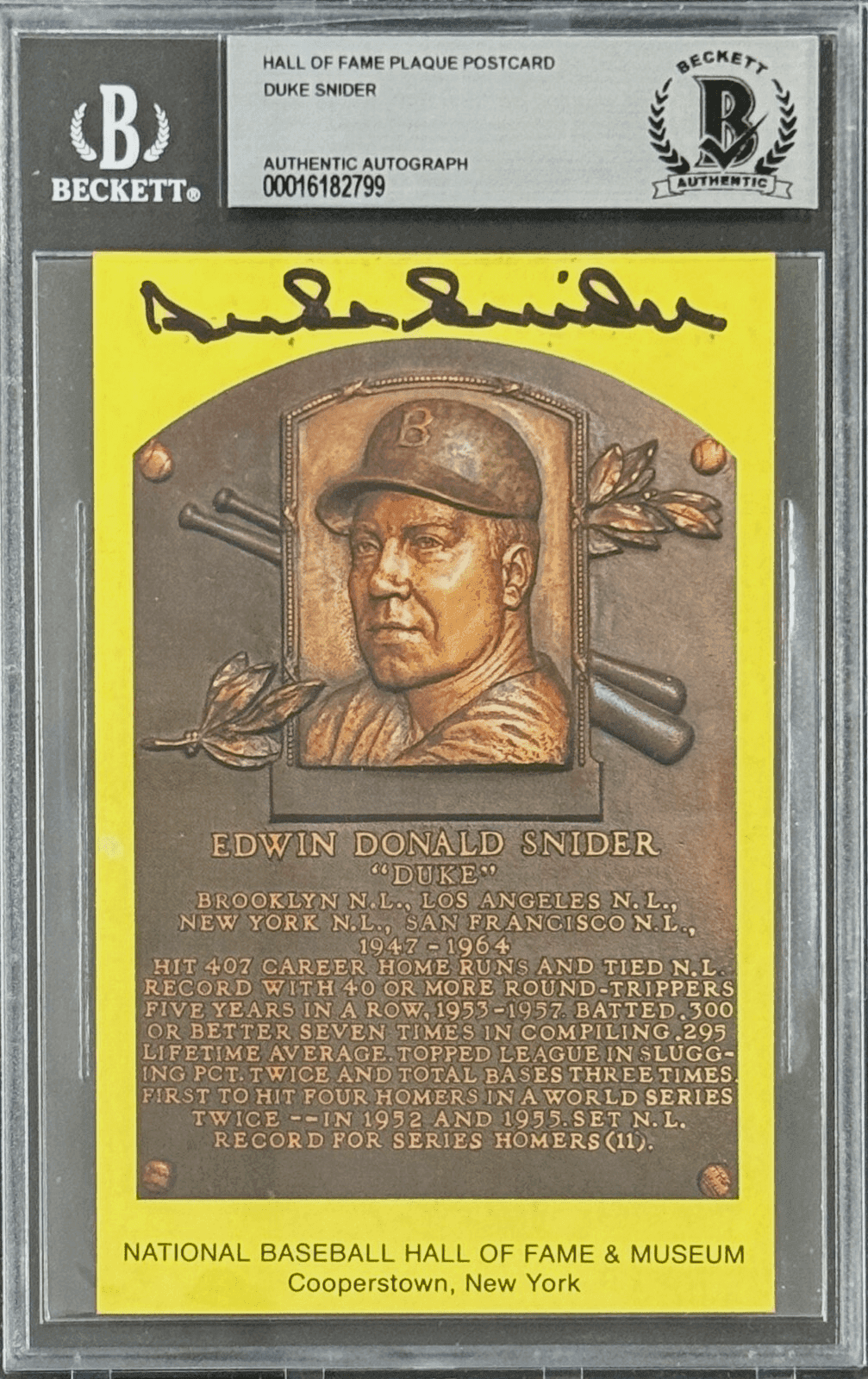 Duke Snider Signed Autographed Hall of Fame Plaque Postcard Beckett 16182799 Duke Snider Card 16182799, Brooklyn Dodgers, supplier stock photo