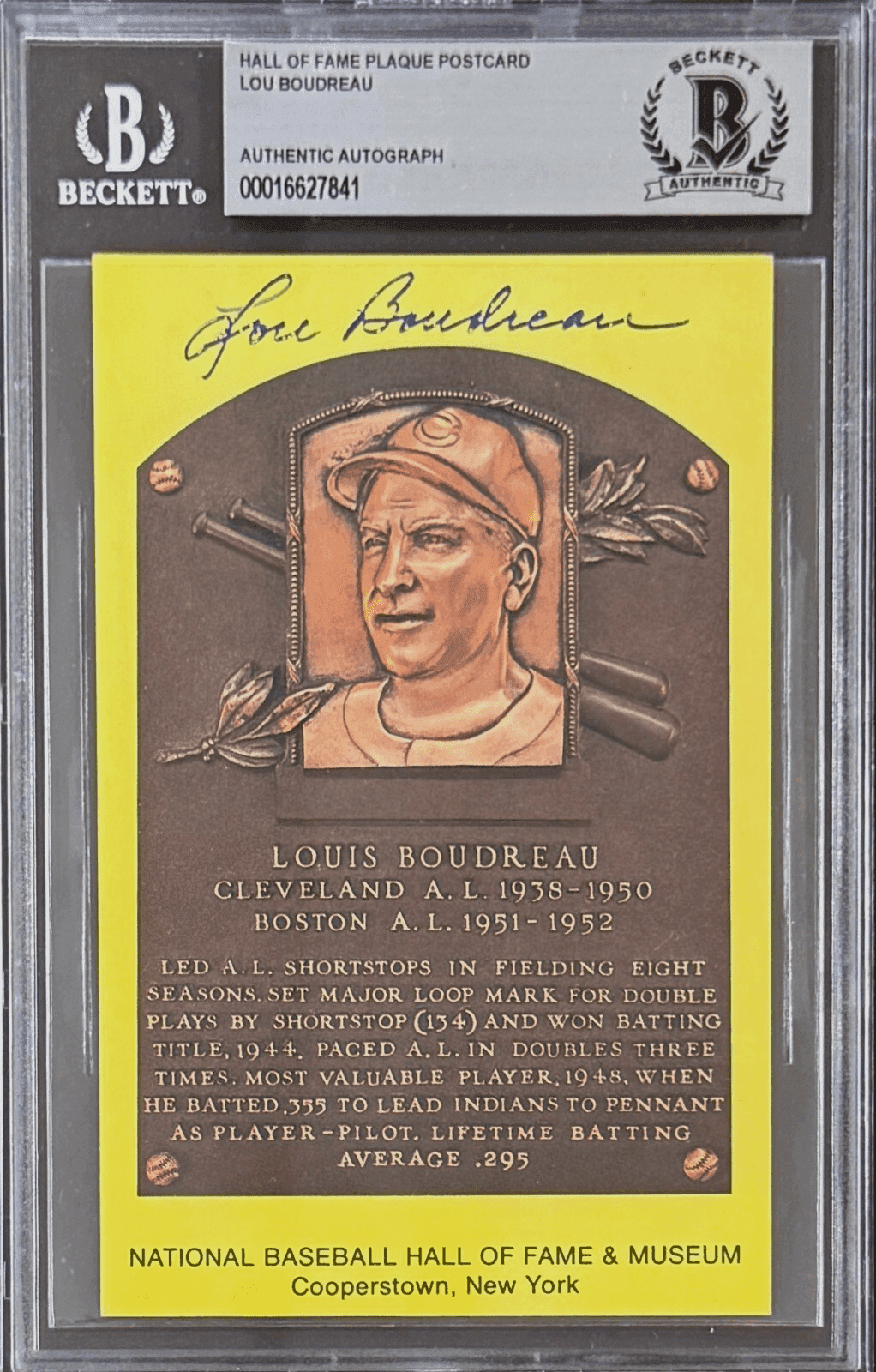 Lou Boudreau Signed Autographed Hall of Fame Plaque Postcard Beckett 16627841 Lou Boudreau Card 16627841, Cleveland Guardians, supplier stock photo