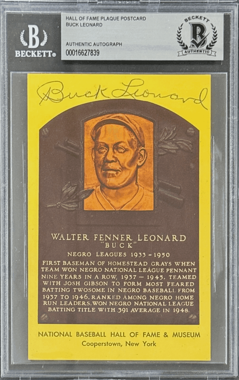 Buck Leonard Signed Autographed Hall of Fame Plaque Postcard Beckett 16627839 Buck Leonard Card 16627839, Homestead Grays, supplier stock photo