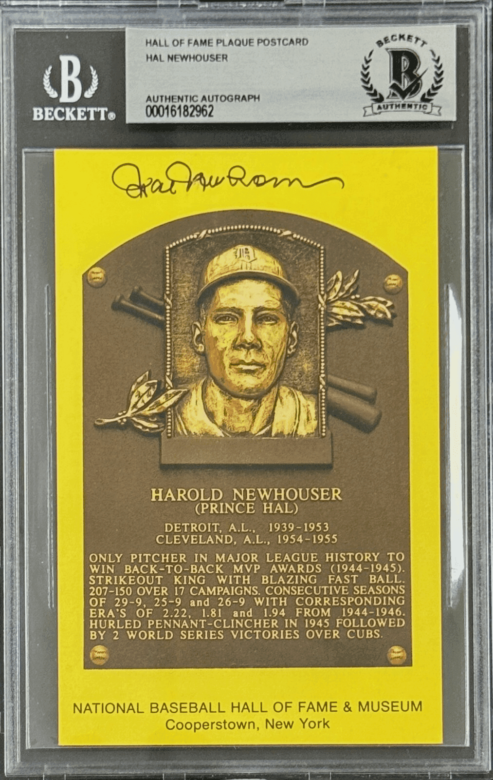 Hal Newhouser Signed Autographed Hall of Fame Plaque Postcard Beckett 16182962 Hal Newhouser Card 16182962, Detroit Tigers, supplier stock photo