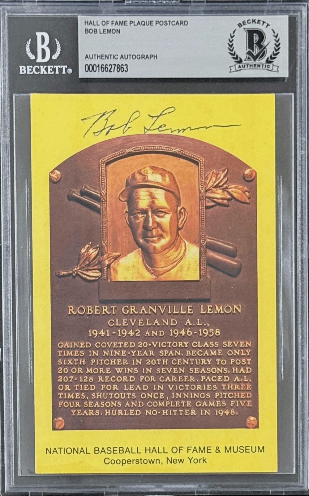 Bob Lemon Signed Autographed Hall of Fame Plaque Postcard Beckett 16627863 Bob Lemon Card 16627863, Cleveland Guardians, supplier stock photo