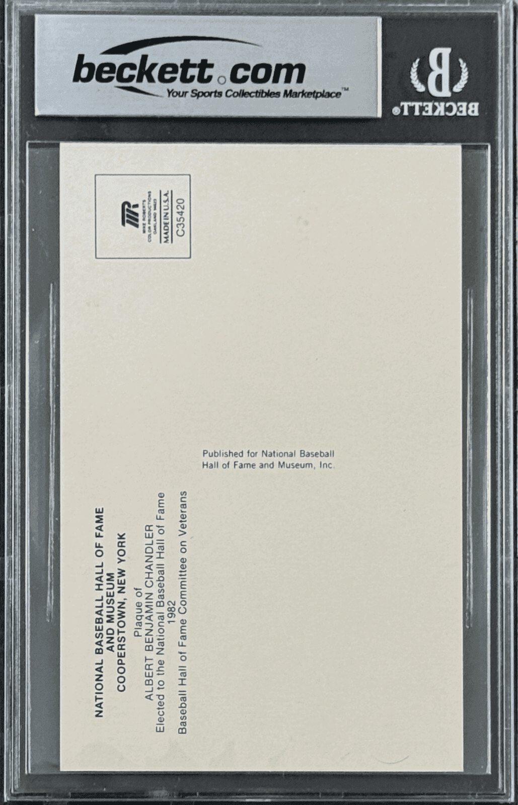 Happy Chandler Signed Autographed Hall of Fame Plaque Postcard Beckett 16627685 Happy Chandler Card 16627685, Philadelphia Phillies, view 2, supplier stock photo
