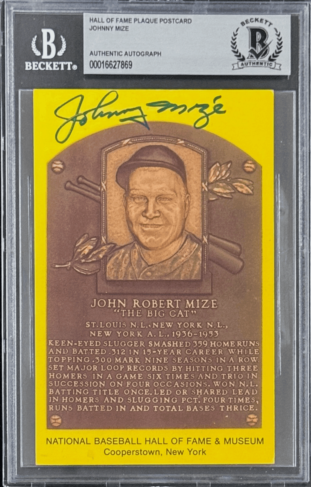 Johnny Mize Signed Autographed Hall of Fame Plaque Postcard Beckett 16627869 Johnny Mize Card 16627869, Philadelphia Phillies, supplier stock photo