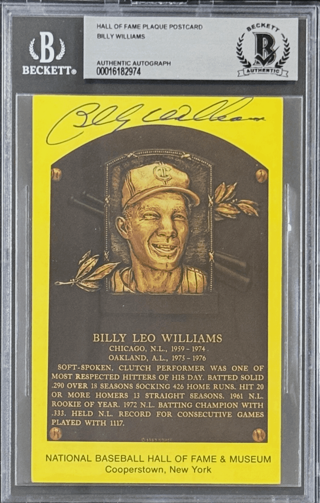 Billy Williams Signed Autographed Hall of Fame Plaque Postcard Beckett 16182974 Billy Williams Card 16182974, Chicago Cubs, supplier stock photo