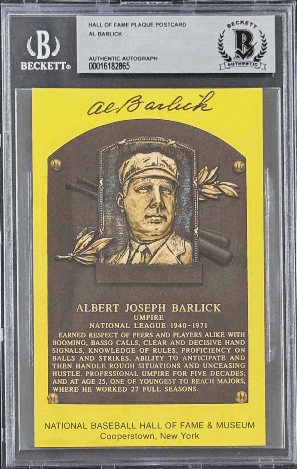 Al Barlick Signed Autographed Hall of Fame Plaque Postcard Beckett 16182865 Al Barlick Card 16182865, supplier stock photo