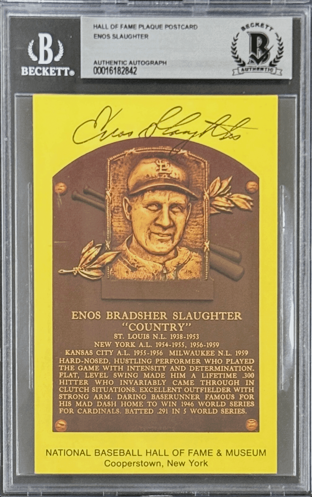 Enos Slaughter Signed Autographed Hall of Fame Plaque Postcard Beckett 16182842 Enos Slaughter Card 16182842, St. Louis Cardinals, supplier stock photo