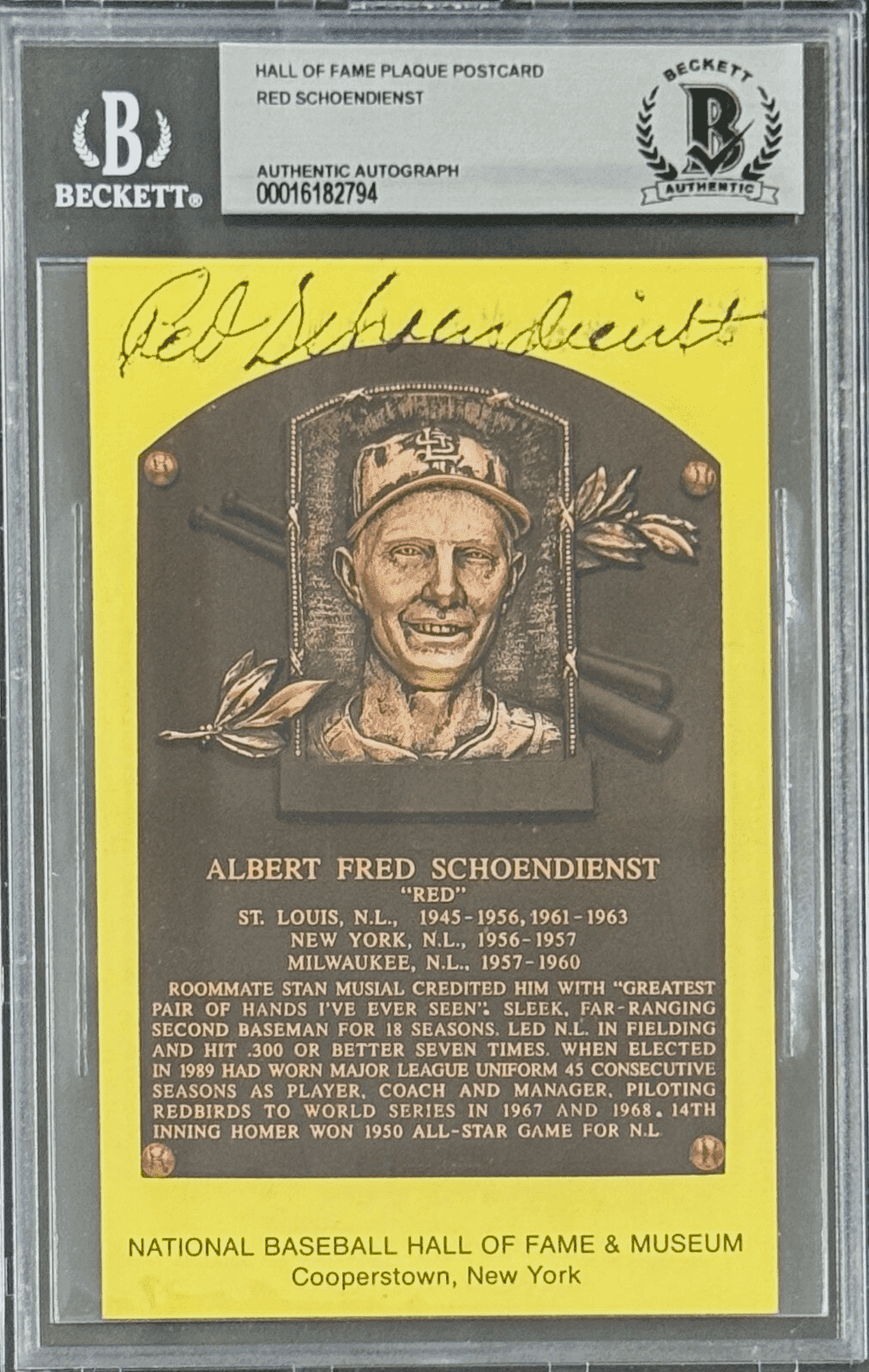 Red Schoendienst Signed Autographed Hall of Fame Plaque Postcard BAS 16182794 Red Schoendienst Card 16182794, St. Louis Cardinals, supplier stock photo