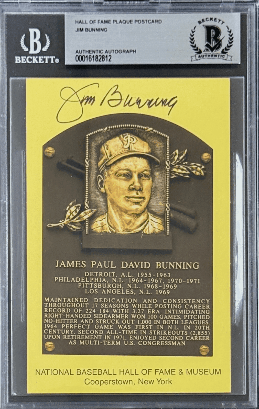 Jim Bunning Signed Autographed Hall of Fame Plaque Postcard Beckett 16182812 Jim Bunning Card 16182812, Philadelphia Phillies, supplier stock photo
