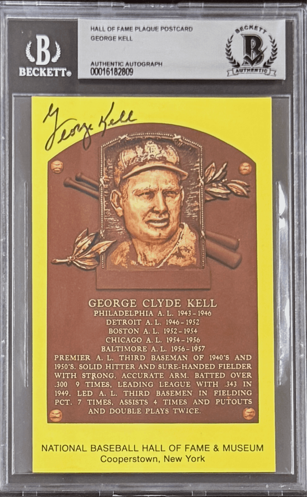 George Kell Signed Autographed Hall of Fame Plaque Postcard Beckett 16182809 George Kell Card 16182809, Detroit Tigers, supplier stock photo