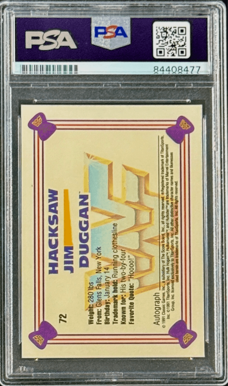 Hacksaw Jim Duggan Signed Autograph 1991 WWF Classic Card #72 PSA 84408477 Hacksaw Jim Duggan Card 84408477, view 2, supplier stock photo