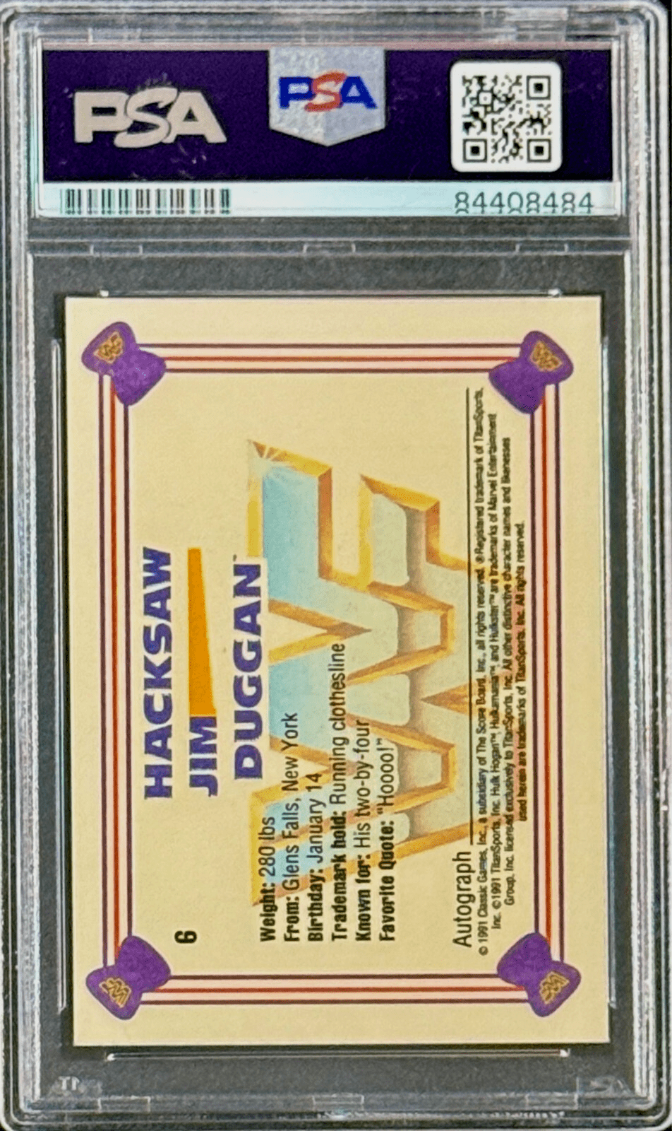 Hacksaw Jim Duggan Signed Autograph 1991 WWF Classic Card #6 PSA 84408484 Hacksaw Jim Duggan Card 84408484, view 2, supplier stock photo