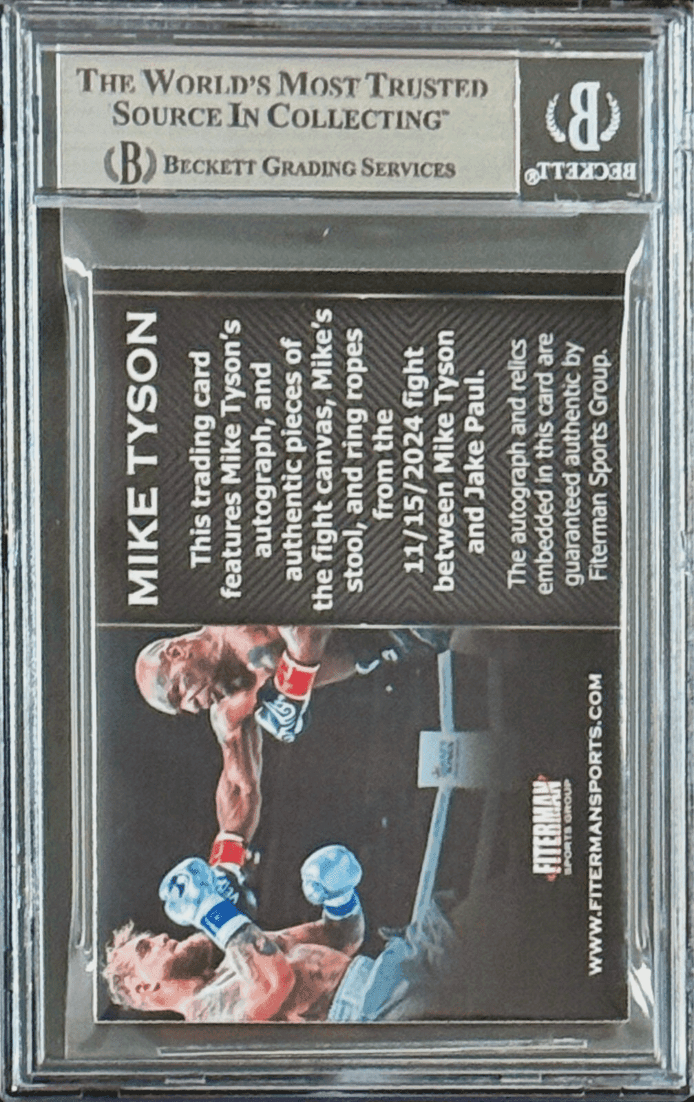 MIKE TYSON Triple Relic Card vs Jake Paul Fight Canvas Stool Rope BAS 18051748 Mike Tyson Card 18051748, view 3, supplier stock photo