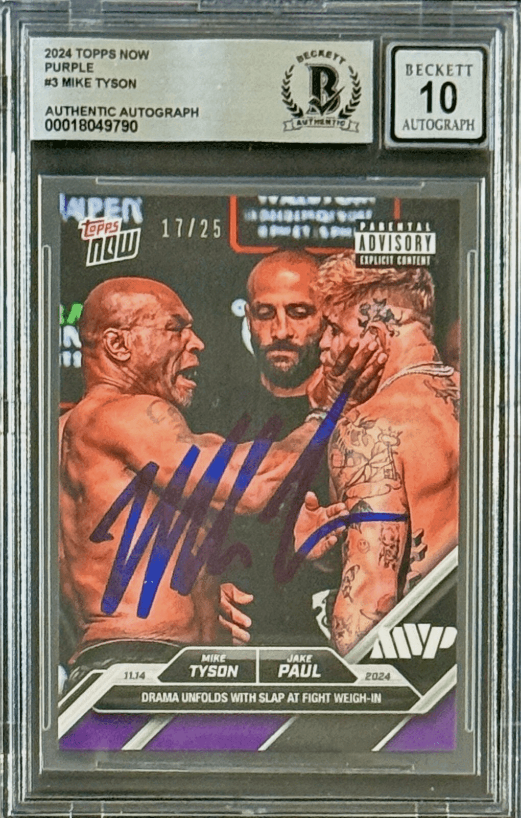 Mike Tyson Signed 2024 Topps NOW Purple Slap Card 17/25 #3 Auto 10 BAS 18049790 Mike Tyson Card 18049790, supplier stock photo