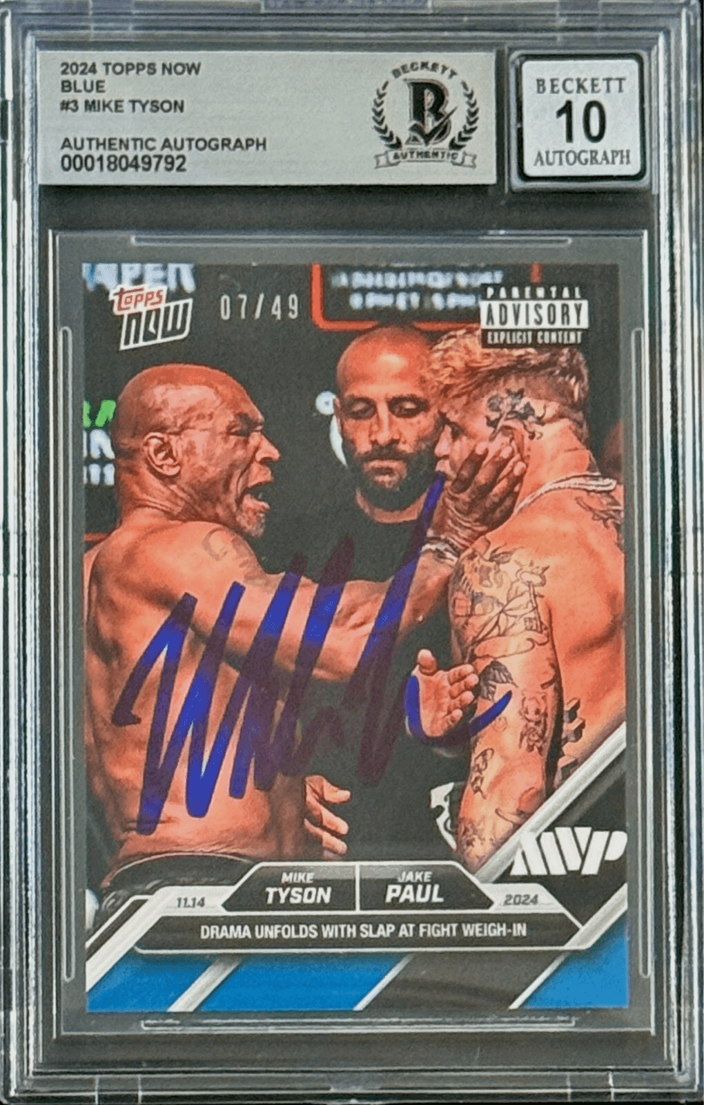 Mike Tyson Signed 2024 Topps NOW Blue Slap Card 7/49 #3 Auto 10 BAS 18049792 Mike Tyson Card 18049792, supplier stock photo