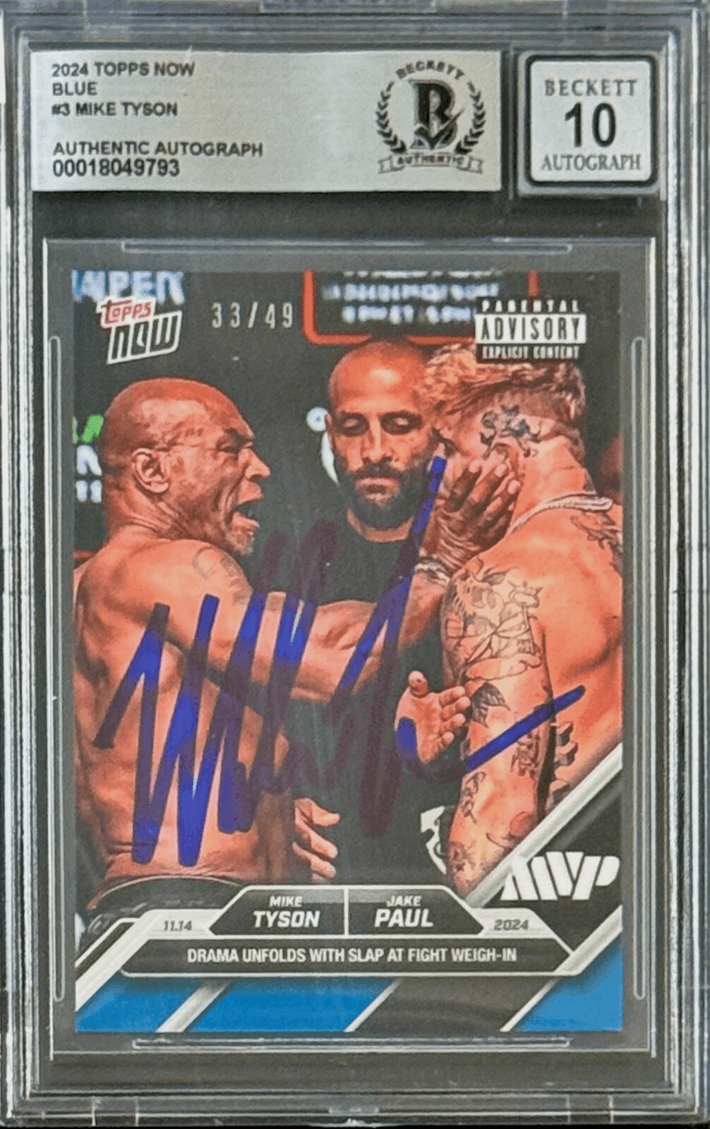 Mike Tyson Signed 2024 Topps NOW Blue Slap Card 33/49 #3 Auto 10 BAS 18049793 Mike Tyson Card 18049793, supplier stock photo