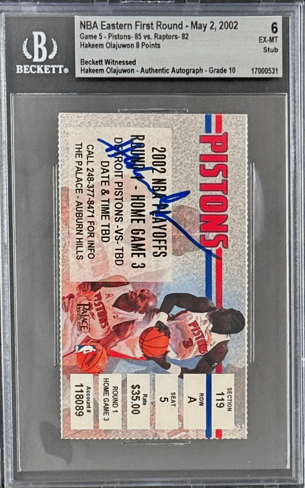 Hakeem Olajuwon Signed Hakeem’s Final NBA Game Ticket Stub 2002 Playoffs Beckett Hakeem Olajuwon Ticket Stub hakeem-olajuwon-hakeems-final-nba-game, Toronto Raptors, view 2, supplier stock photo