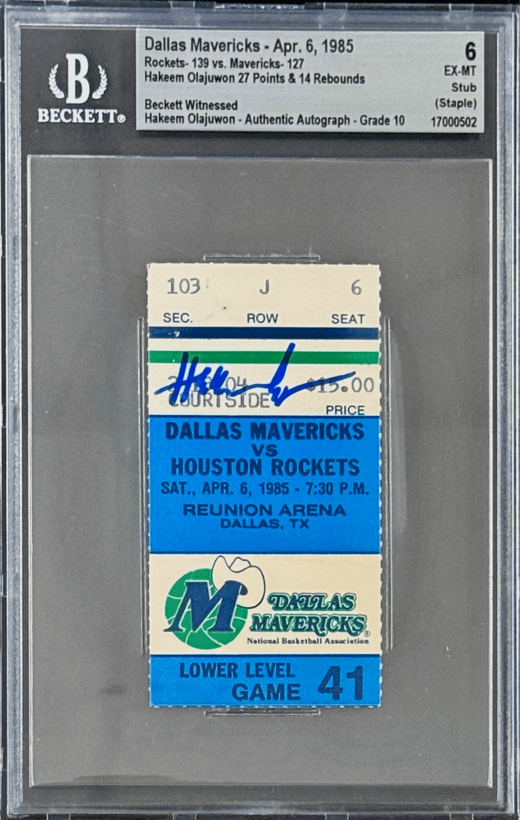 Hakeem Olajuwon Signed Apr. 6, 1985 Mavericks vs Rockets Ticket Stub Beckett Hakeem Olajuwon Ticket Stub hakeem-olajuwon-apr-6-1985-mavericks, Houston Rockets, supplier stock photo