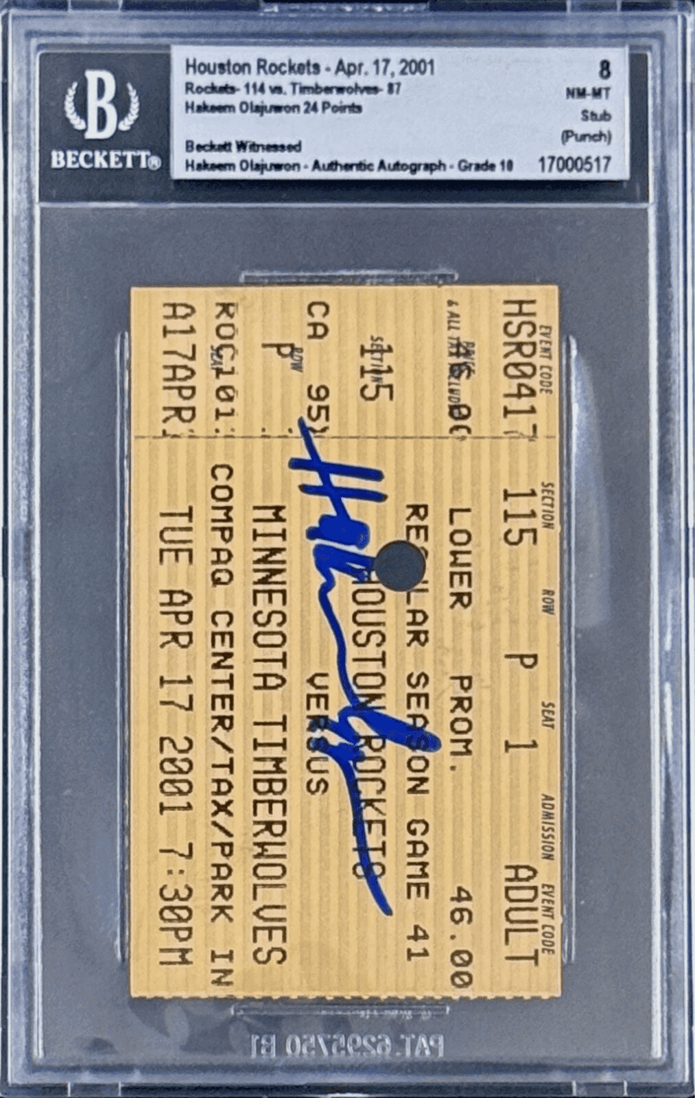 Hakeem Olajuwon Signed Apr. 17, 2001 Timberwolves vs Rockets Ticket Stub Beckett Hakeem Olajuwon Ticket Stub hakeem-olajuwon-apr-17-2001-timberwolves, Houston Rockets, view 2, supplier stock photo
