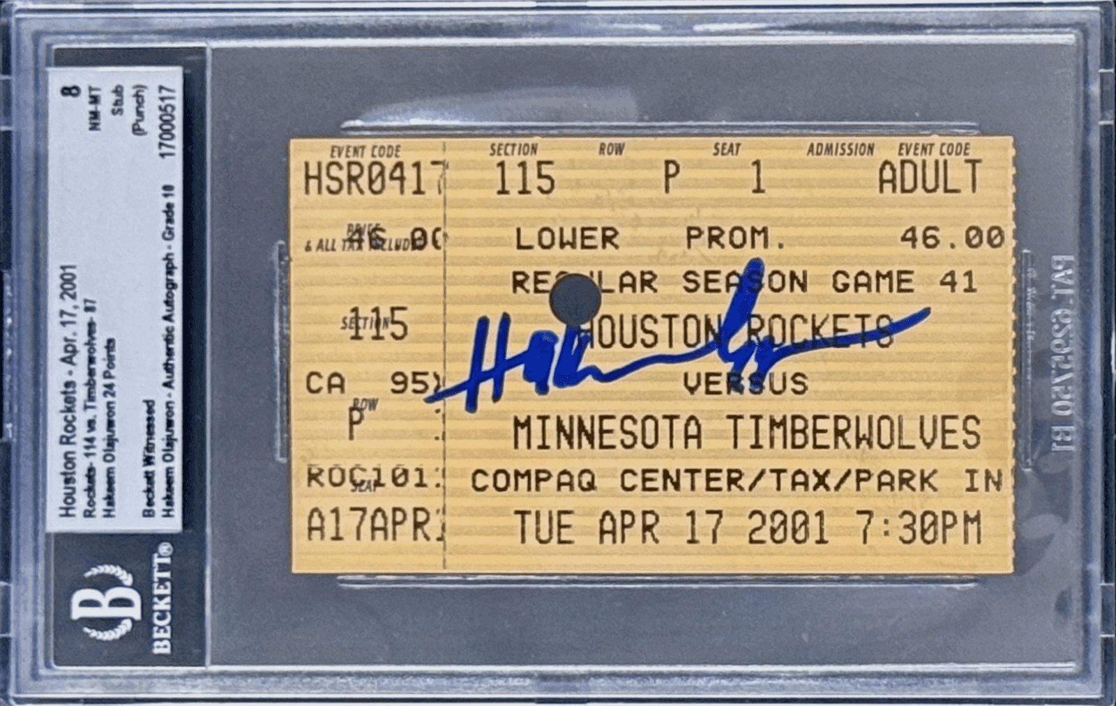 Hakeem Olajuwon Signed Apr. 17, 2001 Timberwolves vs Rockets Ticket Stub Beckett Hakeem Olajuwon Ticket Stub hakeem-olajuwon-apr-17-2001-timberwolves, Houston Rockets, supplier stock photo