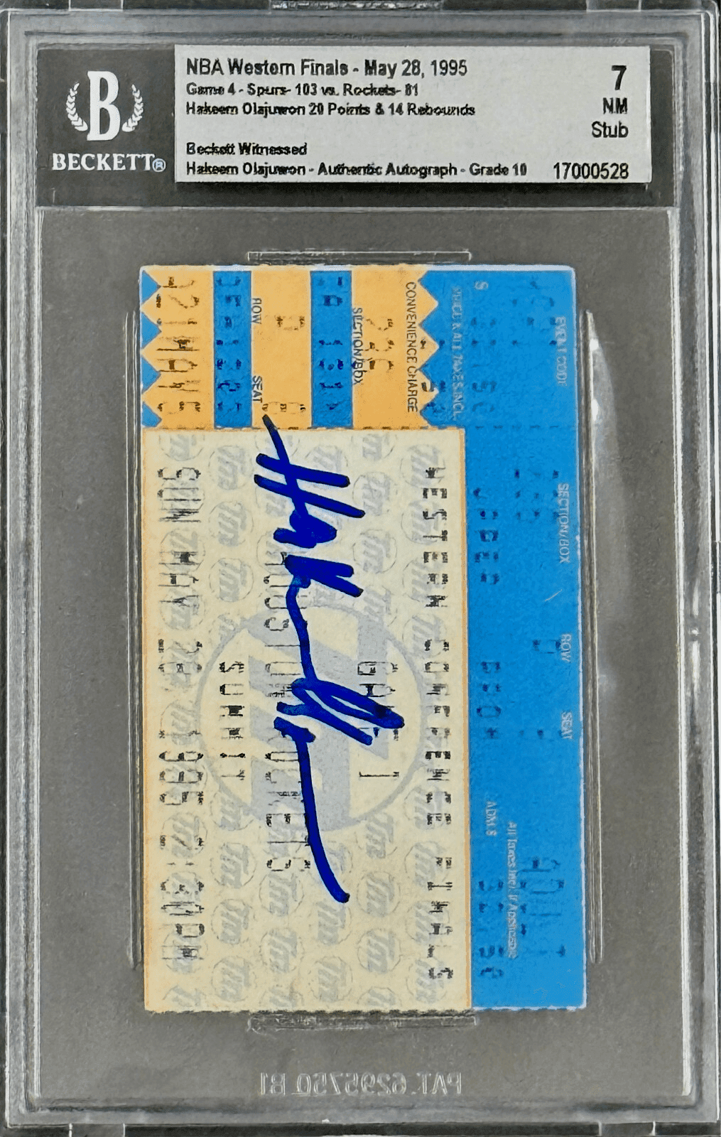Hakeem Olajuwon Signed 1995 NBA Western Finals Rockets vs Spurs Ticket Stub BAS Hakeem Olajuwon Ticket Stub hakeem-olajuwon-1995-nba-western-finals, Houston Rockets, view 2, supplier stock photo