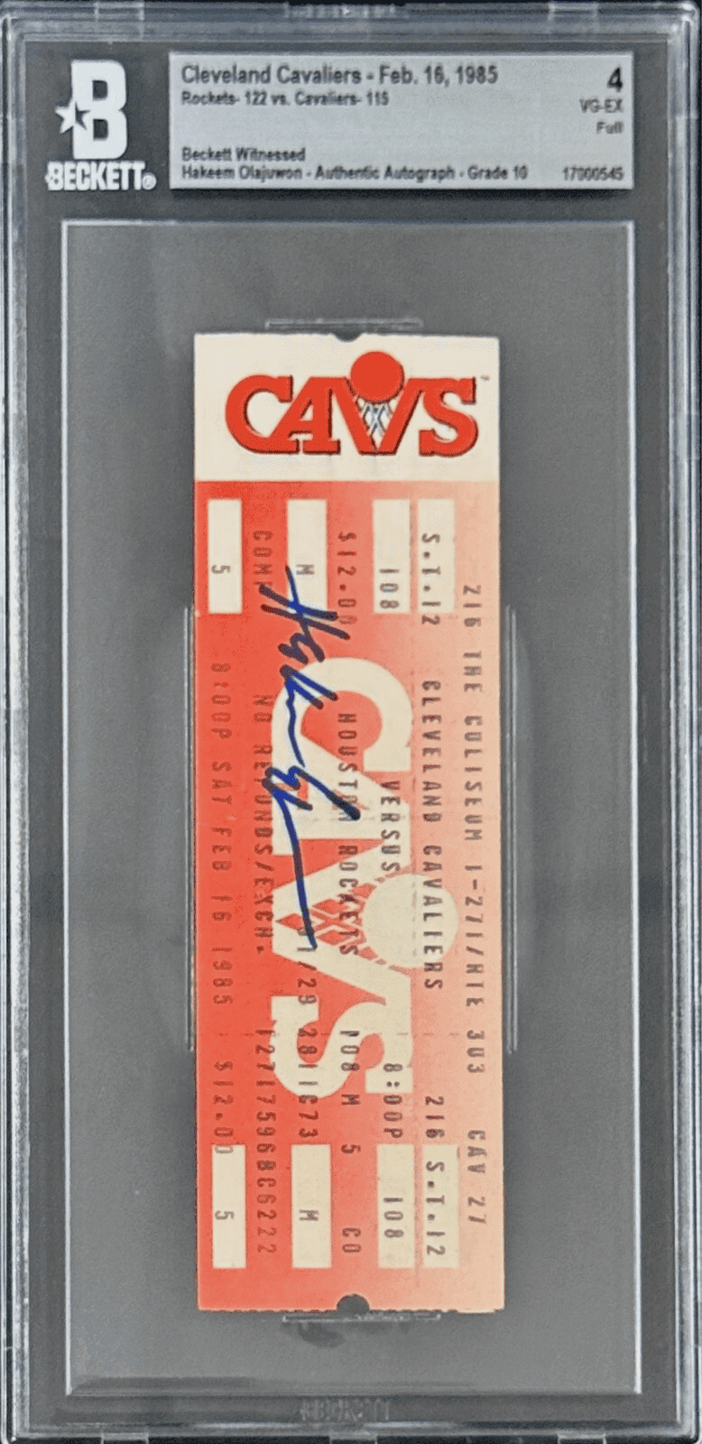 Hakeem Olajuwon Signed Feb. 16, 1985 Cavaliers vs Rockets Ticket Stub Beckett Hakeem Olajuwon Ticket Stub hakeem-olajuwon-feb-16-1985-cavaliers, Houston Rockets, view 2, supplier stock photo