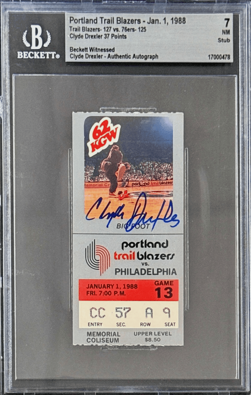 Clyde Drexler Signed Jan. 1, 1988 Trail Blazers vs 76ers Ticket Stub Beckett Clyde Drexler Ticket Stub clyde-drexler-jan-1-1988-vs, Portland Trail Blazers, supplier stock photo