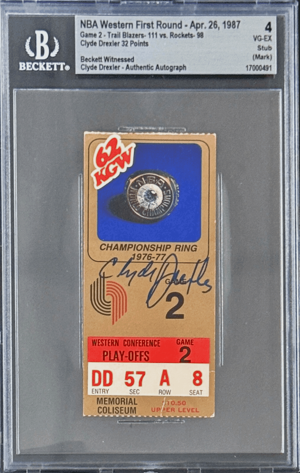 Clyde Drexler Signed 1987 NBA Western First Round Ticket Stub Beckett vs Rockets Clyde Drexler Ticket Stub clyde-drexler-1987-nba-western-first, Portland Trail Blazers, supplier stock photo