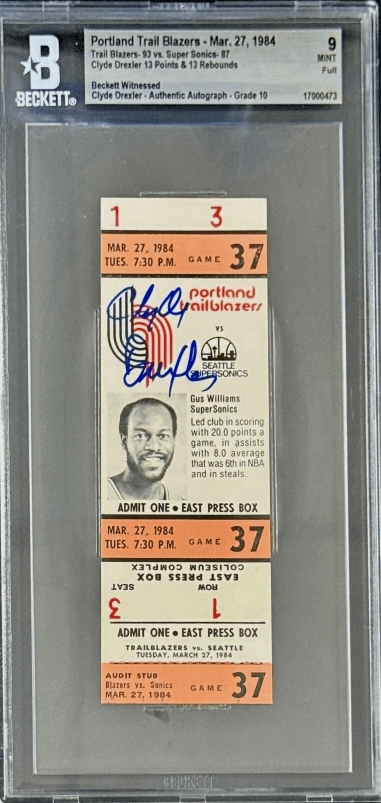 Clyde Drexler Signed Mar. 27, 1984 Trail Blazers vs Super Sonics Full Ticket BAS Clyde Drexler Ticket Stub clyde-drexler-mar-27-1984-vs, Portland Trail Blazers, supplier stock photo