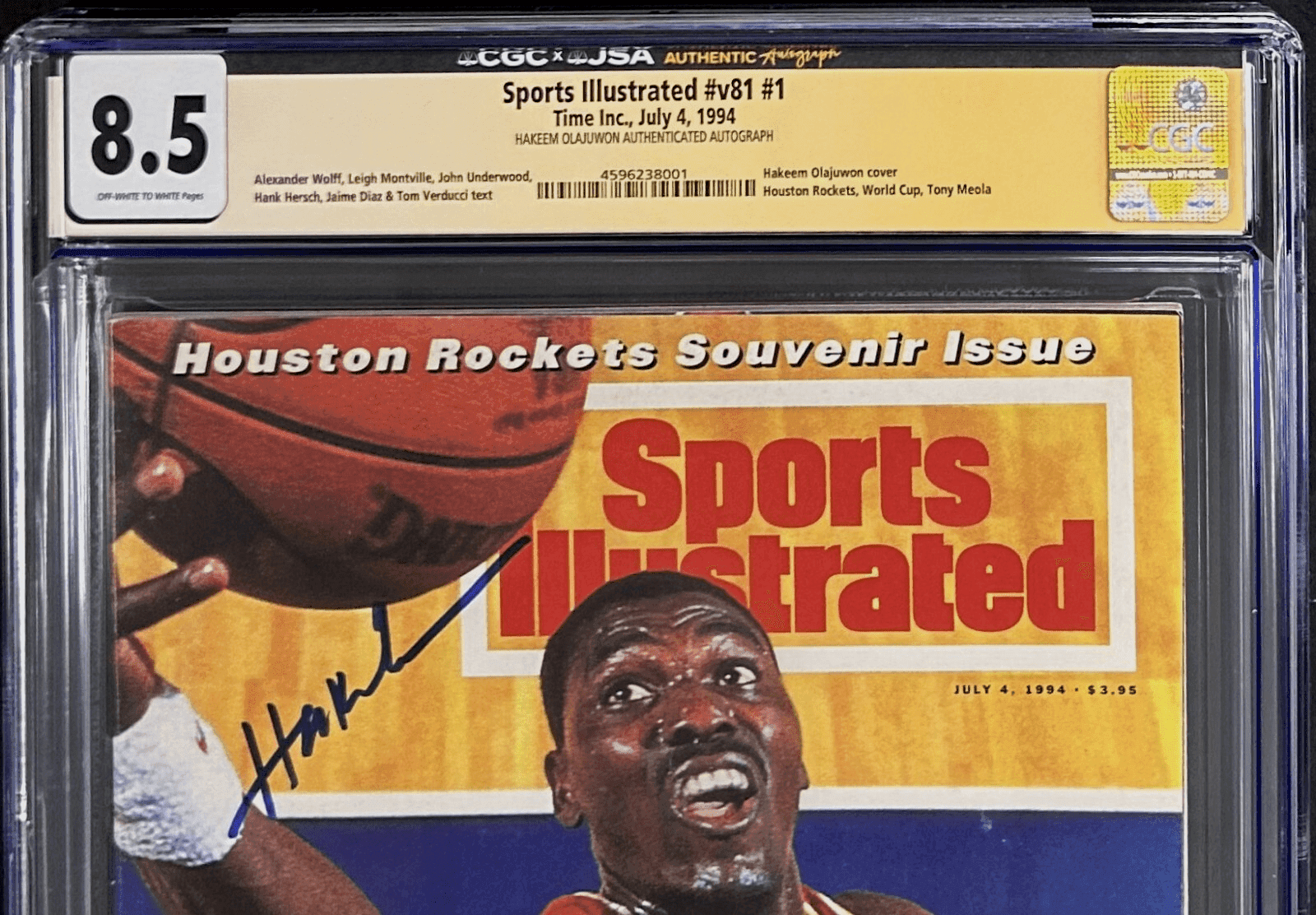 Hakeem Olajuwon Signed Sports Illustrated Newsstand Magazine 4/4/94 CGC 8.5 JSA Hakeem Olajuwon Other hakeem-olajuwon-illustrated-newsstand-magazine, Houston Rockets, view 3, supplier stock photo