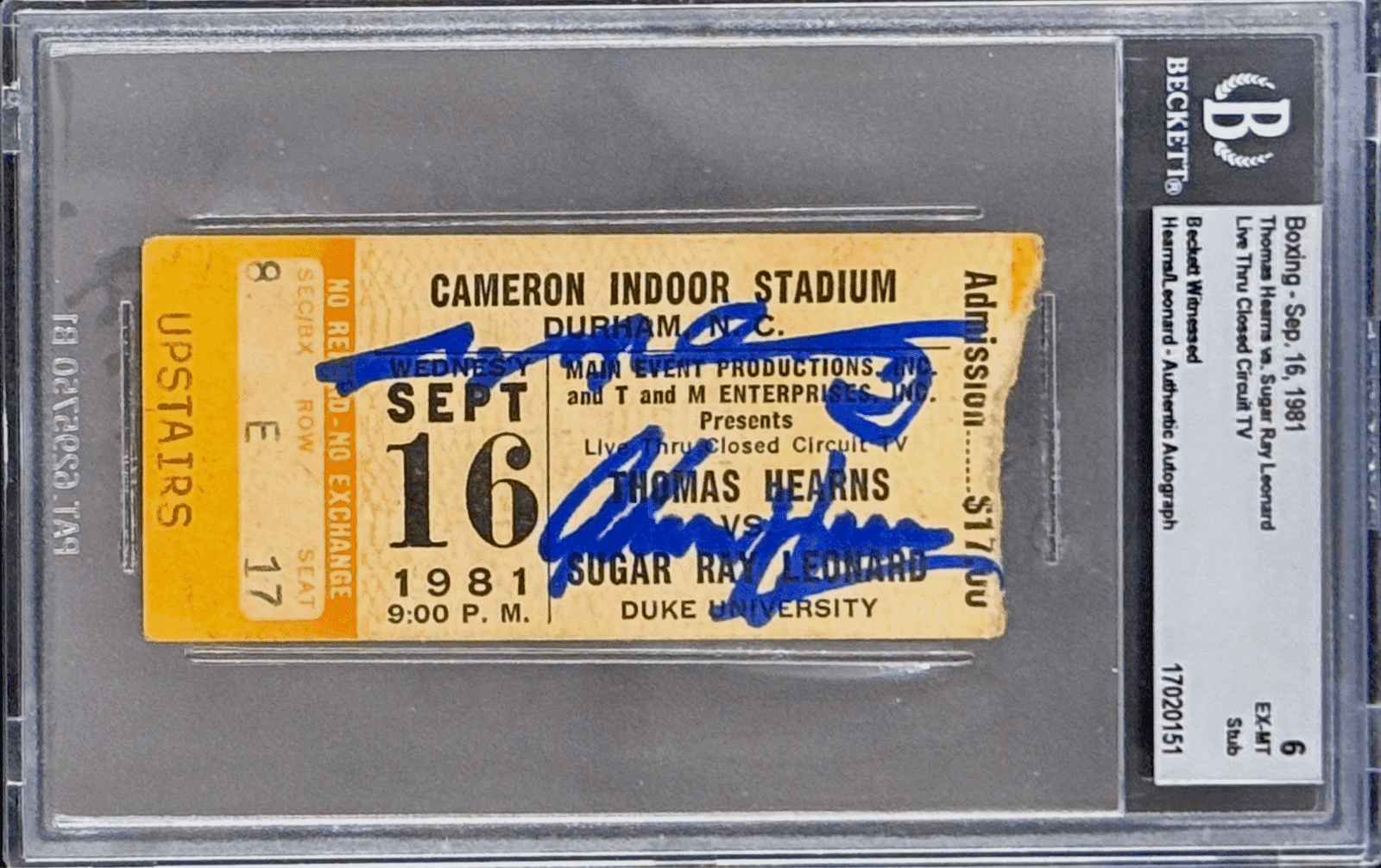 Thomas Hearns Sugar Ray Leonard Signed CCTV Ticket Leonard Wins WBA Title BAS Sugar Ray Leonard Ticket Stub thomas-hearns-sugar-ray-leonard-cctv, supplier stock photo